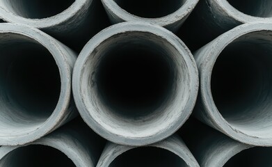 コンクリートパイプが整然と並ぶ工事現場の近景