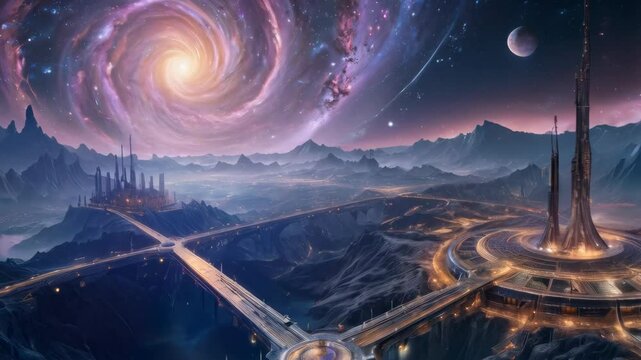 Stunning cosmic landscape with swirling galaxy above futuristic cityscape, featuring towering structures, winding roads, and vibrant night sky filled with stars and mountains.