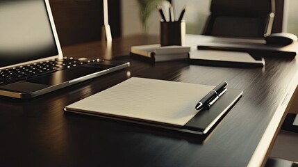Modern Workplace Setup: Laptop, Notepad, and Pen on a Sleek Wooden Desk