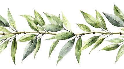 Obraz premium Watercolor Green Leaves Bamboo Branch Border Botanical Illustration Floral Design Element