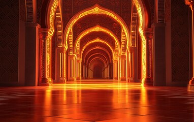 Luminous Amber Palace Corridor 3D Render of a Golden Archway Interior with Reflective Floor