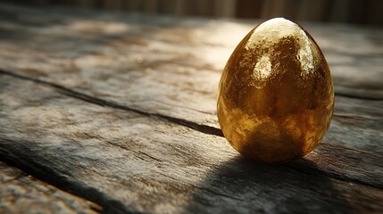 Fototapeta premium Golden egg as a prosperity icon displayed on a textured wood surface for savings theme