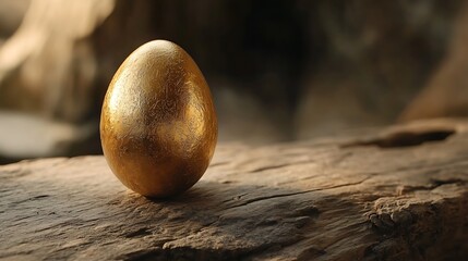 Close-up of golden egg symbolizing wealth placed on a rustic wooden backdrop
