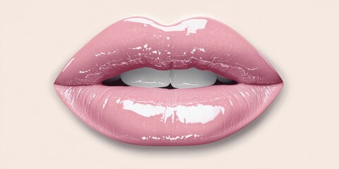 Obraz premium Plump pale pink lips with high gloss and natural creases, centered on a blank white field