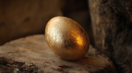 Fototapeta premium Close-up of golden egg symbolizing wealth placed on a rustic wooden backdrop