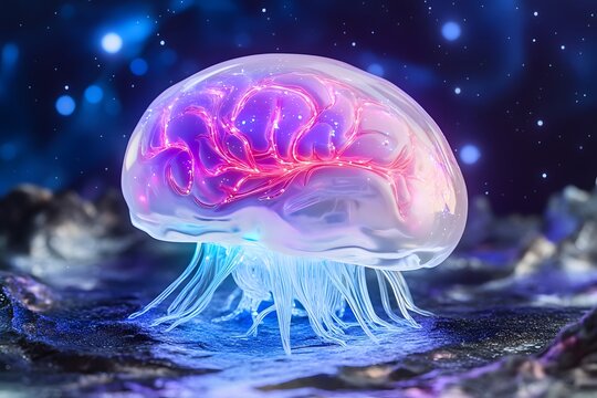A vibrant purple and blue brain with glowing red veins, set against the backdrop of deep space. 