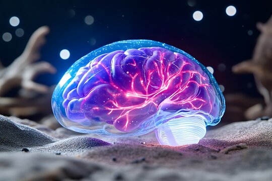 A vibrant purple and blue brain with glowing red veins, set against the backdrop of deep space. 