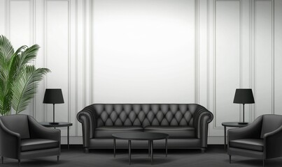 Elegant black leather sofa in a classic white room.