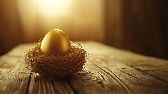 Rustic golden nest egg scene on vintage wooden table for financial stability concept