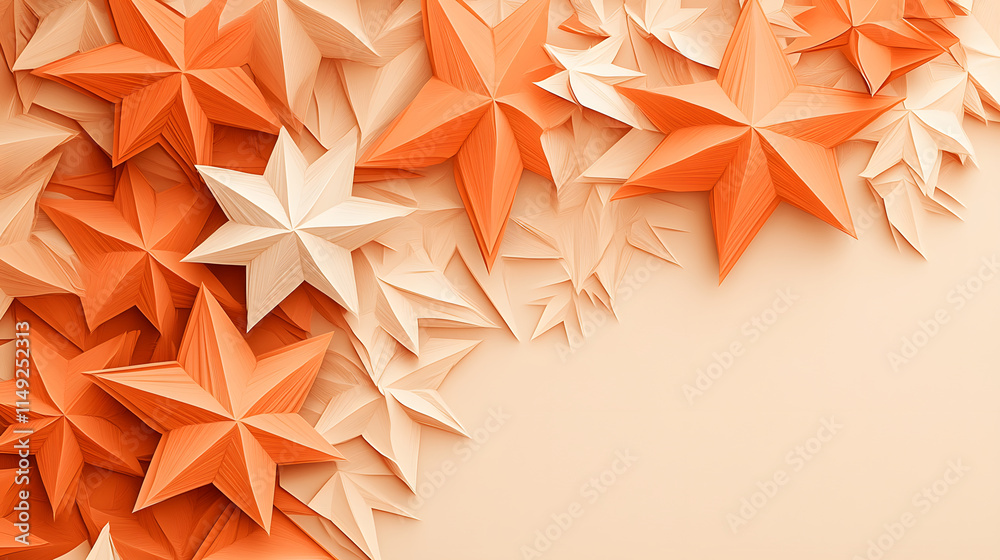 Poster A vibrant arrangement of orange and white paper stars, creating a striking visual display against a soft background