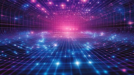 Futuristic Neon Grid Abstract Digital Network Background with Glowing Lines and Particles - High-Resolution Stock Photo