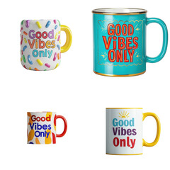 Bright good vibes only coffee mug design with transparent background for cheerful mornings