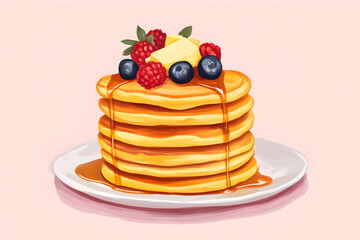 Picture of A fluffy pancakes drizzled with maple syrup, topped with butter and fresh berries.