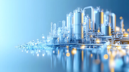 Obraz premium A futuristic industrial landscape featuring illuminated structures and reflections, showcasing advanced manufacturing and technology
