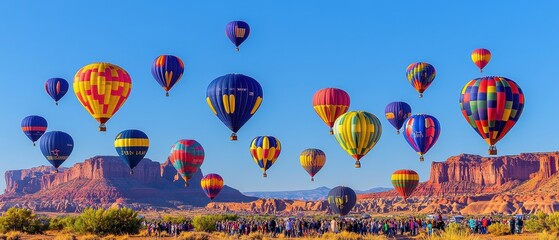 A serene hot air balloon festival in New Mexico, where dozens of colorful balloons rise into a crisp blue sky over desert landscapes dotted with mesas and cacti, as families watch in awe from 