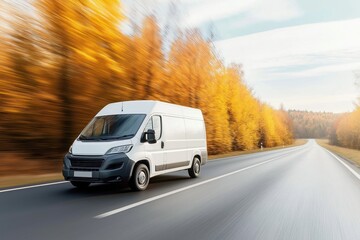 Fototapeta premium White van drives fast on road. Autumn trees line road. Fast transportation concept. Modern vehicle on highway. Business delivery service. Autumn scenery. Outdoor transportation. Logistics industry.
