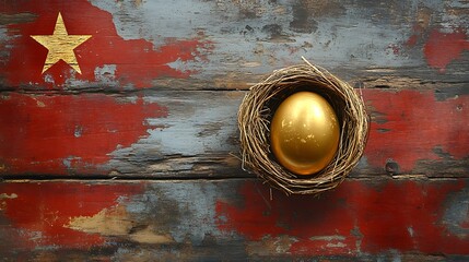 Golden nest egg on weathered wood backdrop for prosperity and security theme