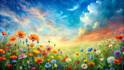 Fototapeta premium Vibrant Wildflower Meadow at Sunset A Serene Landscape of Blooming Poppies and Diverse Flowers under a Colorful Sky