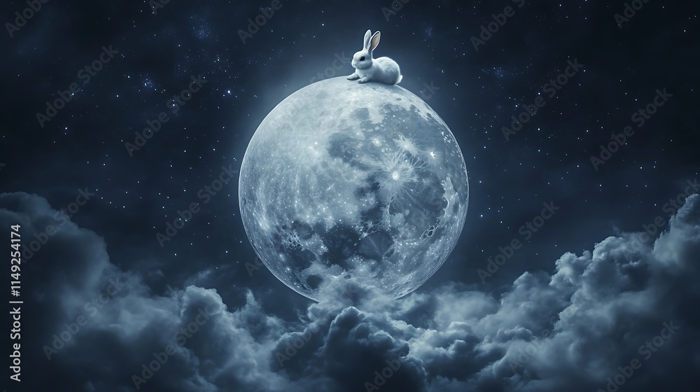 Wall mural realistic moon floating gently with a playful rabbit nestled on top against a nightscape