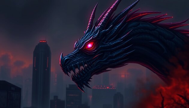 A menacing dragon hovers over a futuristic cityscape at twilight.