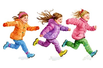 Three Joyful Girls in Colorful Winter Outfits Running in the Snow, Watercolor Illustration.