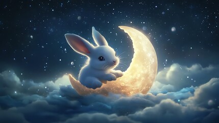 Adorable moon rabbit nestled atop a floating moon with soft light in a peaceful night sky