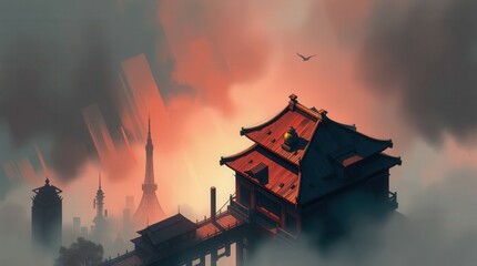 Obraz premium Isometric fantasy Tokyo with pagoda, showcasing Japanese culture, suitable for design.