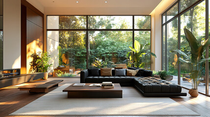 Sunlit Mid-Century Living Room with Coffee Table Focus