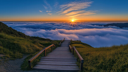 A breathtaking photograph of celestial stairs crafted from luminescent clouds, rising toward an otherworldly, radiant sky filled with shimmering sunlight, gradients of blue and white blending seamless