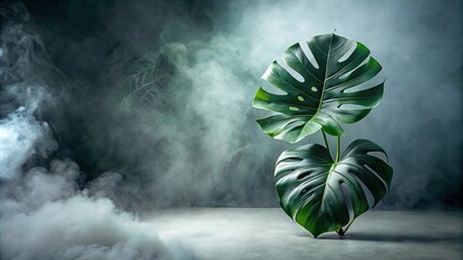Serene tropical leaf arrangement in a smoky, dark atmosphere