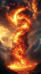 Epic Fantasy Artwork Featuring Flames and Mountains