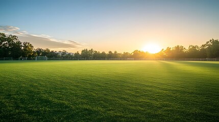 Serene Sunset Over Empty Soccer Field with Lush Green Grass
