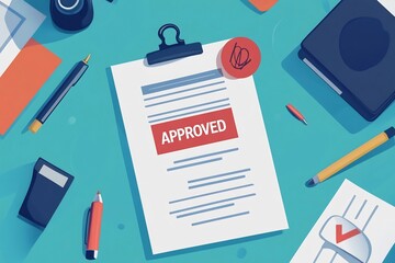 Approved Audit Document with Rubber Stamp on Desk with Office Supplies