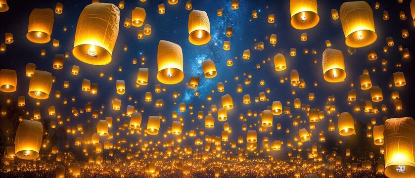 A vibrant lantern festival in Chiang Mai, Thailand, where thousands of glowing lanterns float into the night sky, illuminating the faces of locals and tourists alike, creating a magical and 