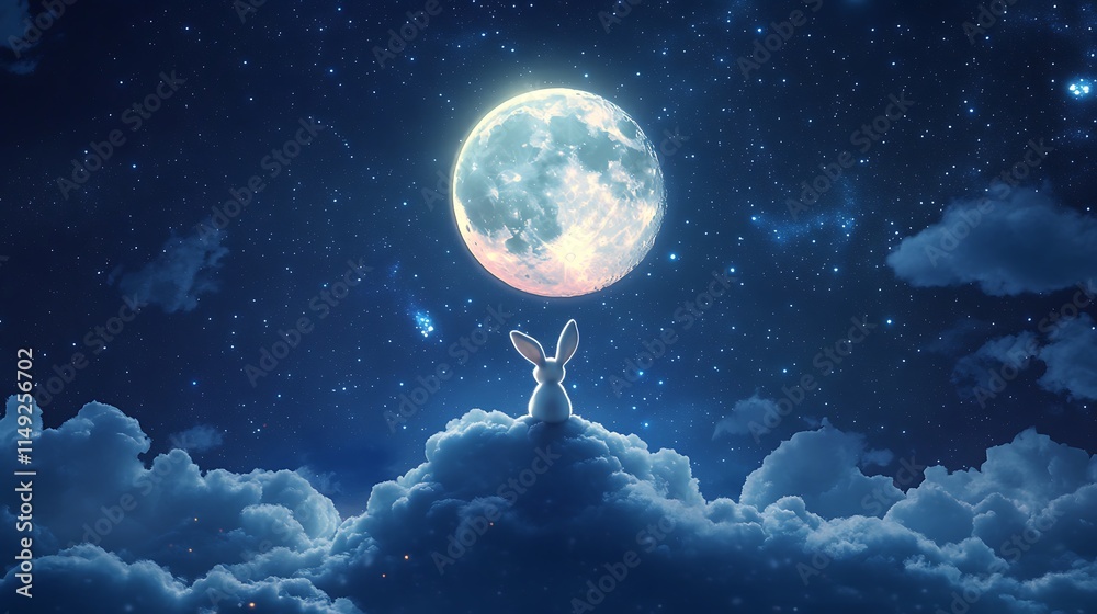 Wall mural soft glowing moon floating in a starry sky with a whimsical rabbit perched on its surface