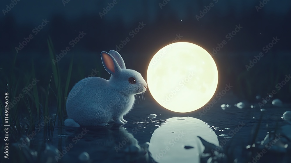 Wall mural cute rabbit exploring the glowing surface of a realistic floating moon in a calm night setting
