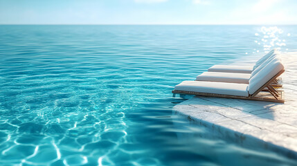 A serene poolside scene with lounge chairs beside crystal-clear water.