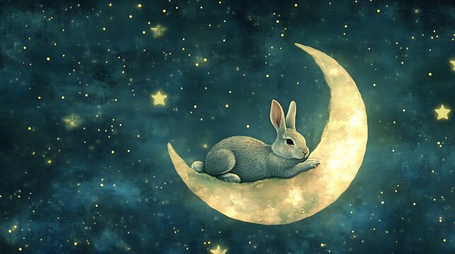 Whimsical rabbit lounging on a softly glowing floating moon in a starlit celestial scene