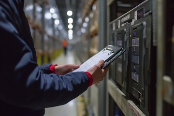 Auditor Inspecting Inventory in Large Warehouse with Clipboard and Scanner