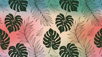 Fototapeta premium A seamless tropical pattern featuring palm, monstera, and fern leaves in a gradient of pastel colors, blending into a dreamy, soft background