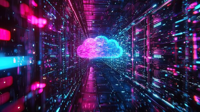 Futuristic server room with glowing cloud data symbol. - Powered by Adobe
