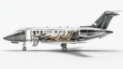 3D Render of Luxury Private Jet Interior and Exterior Design Wireframe Cutaway Showing Aircraft Structure and Luxurious Cabin