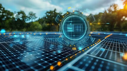 Futuristic solar panel field with digital interface overlay showing energy data.