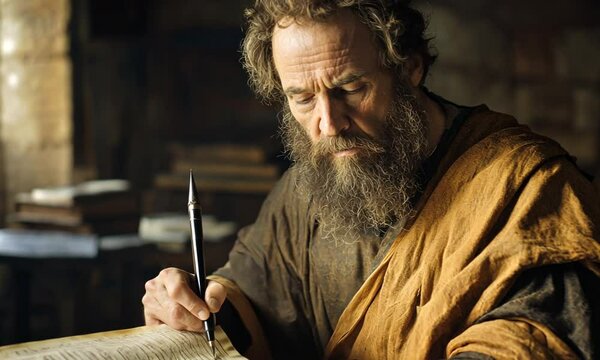 A Scholarly Figure Pensively Writes in an Ancient Book