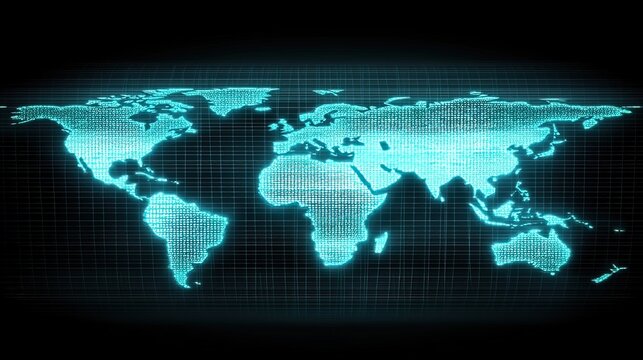 Glowing digital world map on dark background.
