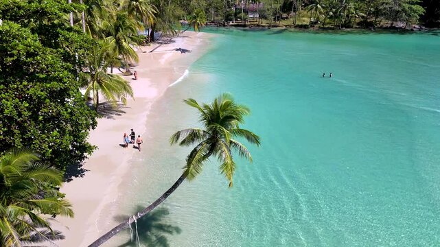 Experience the tranquility of Koh Kood Island as people stroll along the white sandy shores. The vibrant turquoise water invites relaxation under the tropical sun, surrounded by lush palm trees.