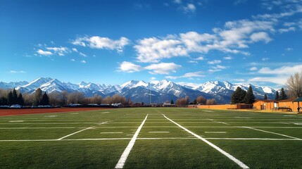Expansive Football Field Surrounded by Majestic Mountain Range