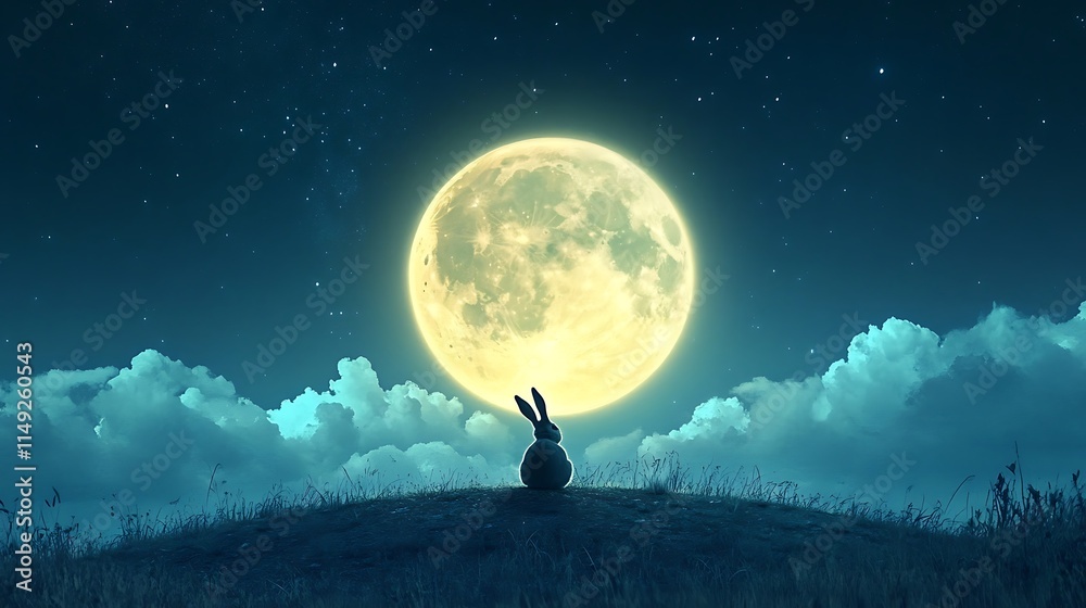 Wall mural floating realistic moon glowing warmly with a playful rabbit perched on its surface