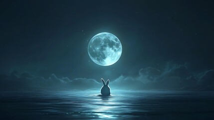 Glowing floating moon with a whimsical rabbit nestled on its surface in a calm night scene