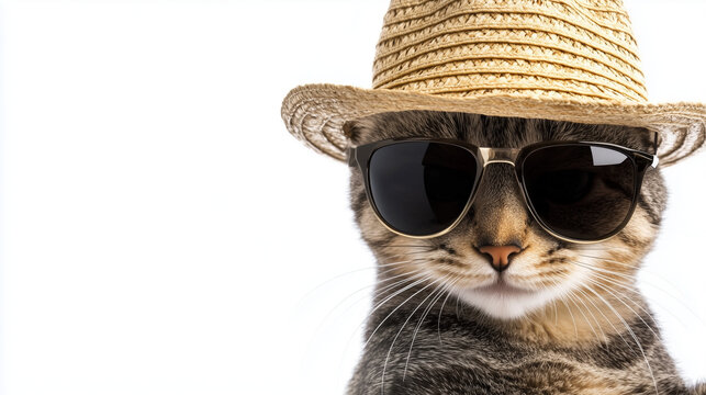 Party cat with summer hat and sunglasses on white background